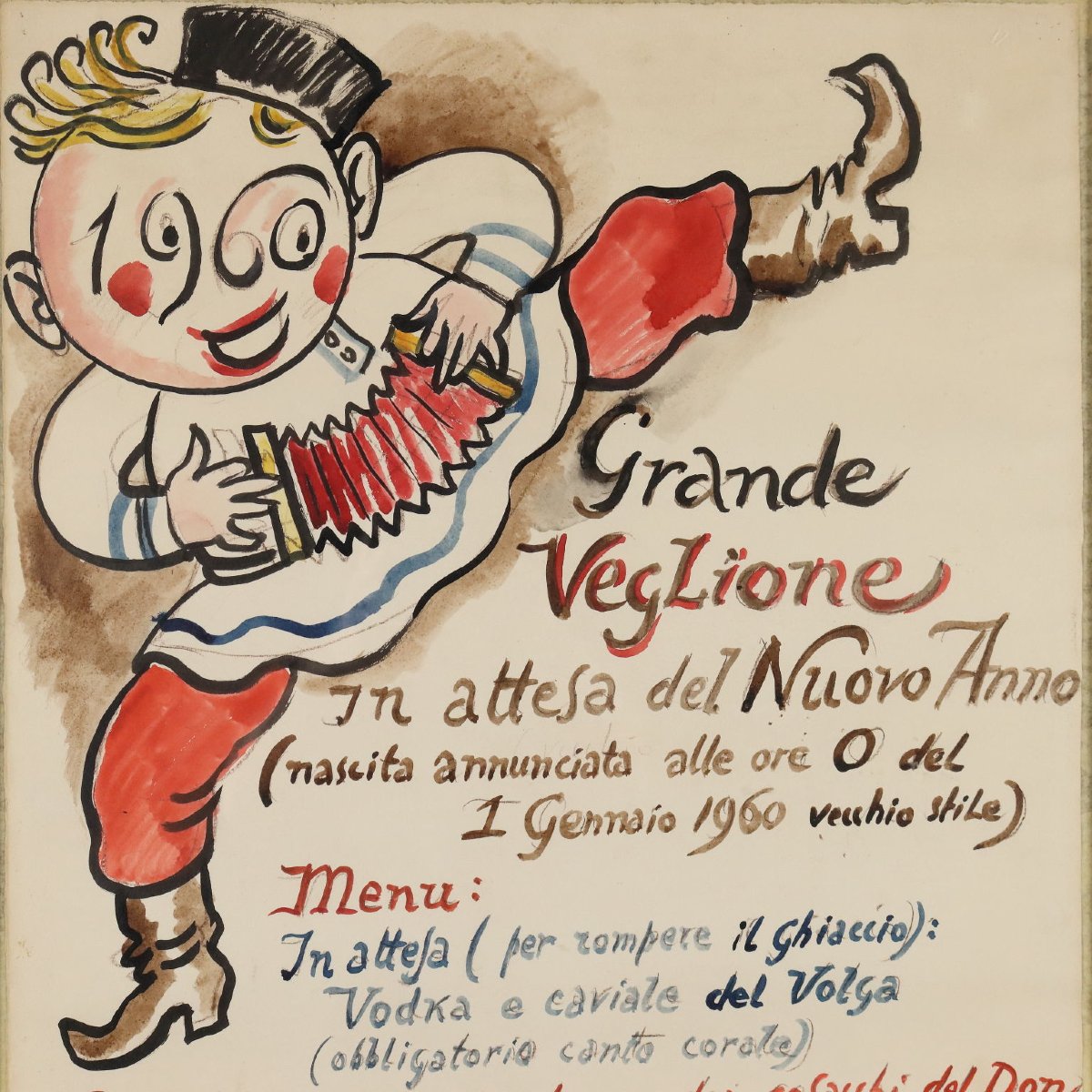 Dessin Moderne Signé Nicola Benois Grande Fête du Nouvel An 1960-photo-3