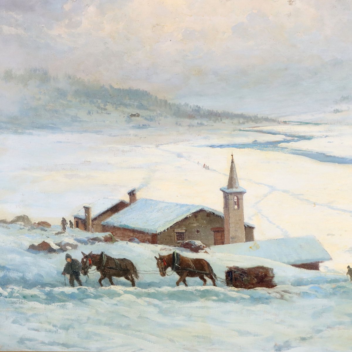 Antique Painting Leonardo Roda Winter Landscape XIX Century-photo-3