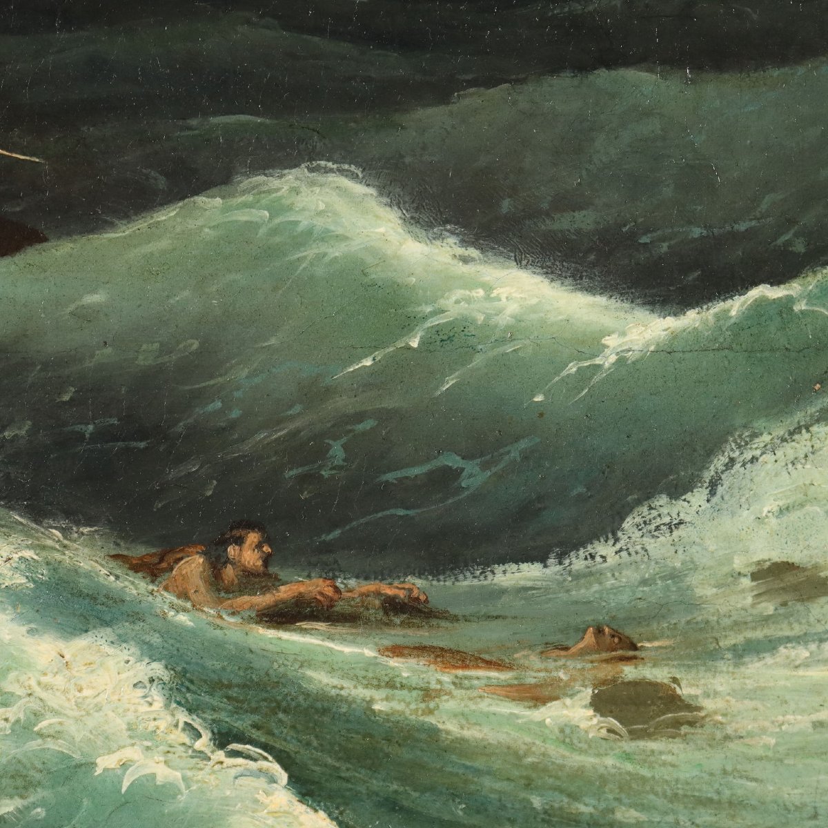 Tableau Ancien Scène de Naufrage Huile sur Toile XIXe Siècle-photo-2