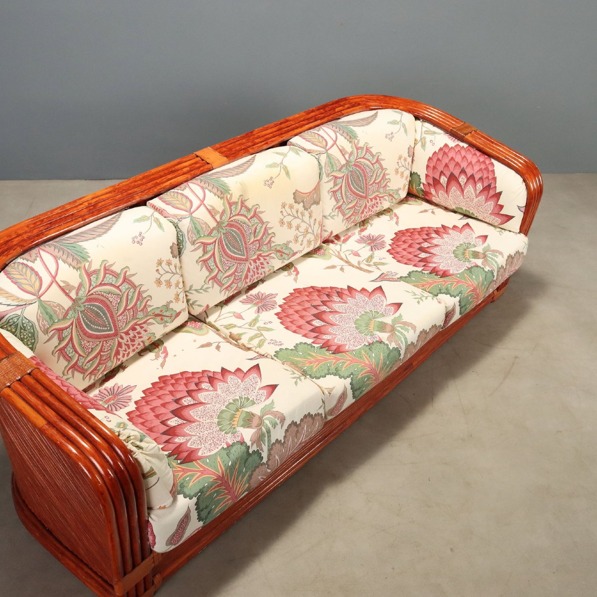 Canapé Vintage Rattan Bambou Laqué Rouge Design Italie Années 80 Original-photo-4