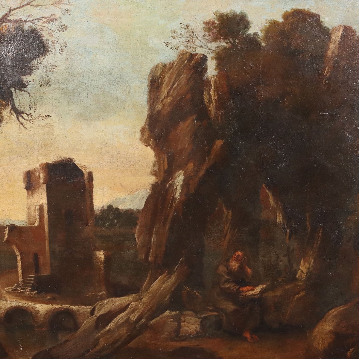 Antique Painting Landscape With Saint Oil On Canvas XVIII-xix Century-photo-1