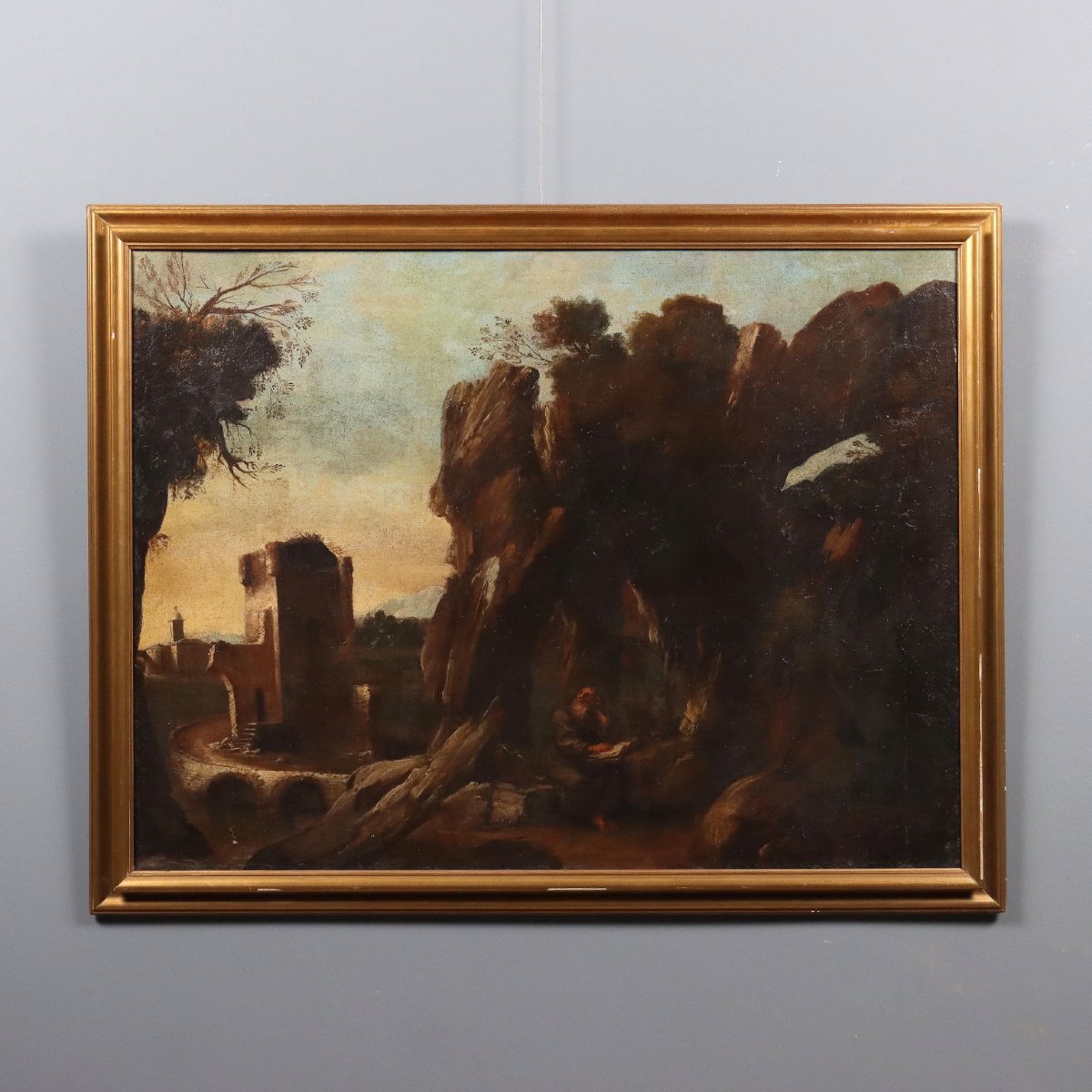 Antique Painting Landscape With Saint Oil On Canvas XVIII-xix Century