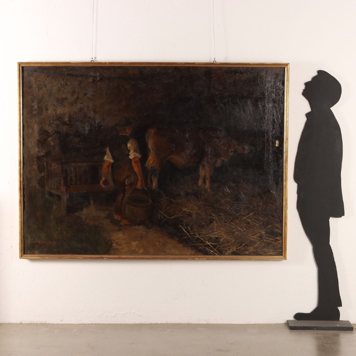 Tableau Ancien G. Sottocornola '800 Interieur d'un Ferme Huile sur Toile-photo-2