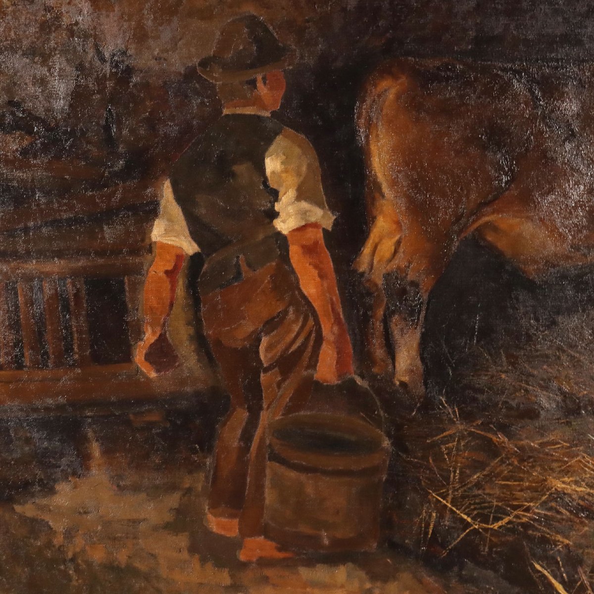 Tableau Ancien G. Sottocornola '800 Interieur d'un Ferme Huile sur Toile-photo-3