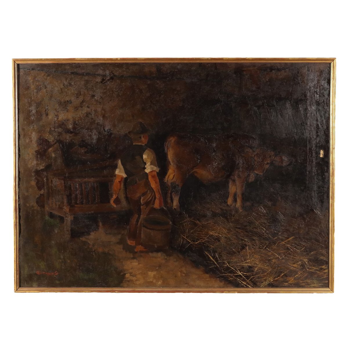 Tableau Ancien G. Sottocornola '800 Interieur d'un Ferme Huile sur Toile