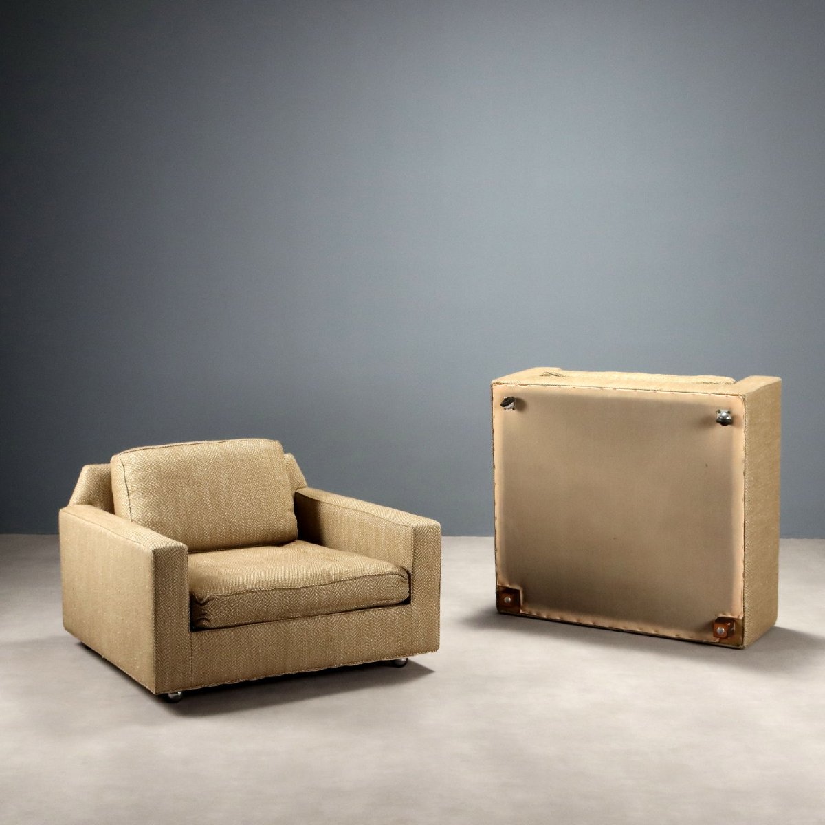 Vintage Armchairs Wood Beige Fabric Design Italy 1960s Originals-photo-3