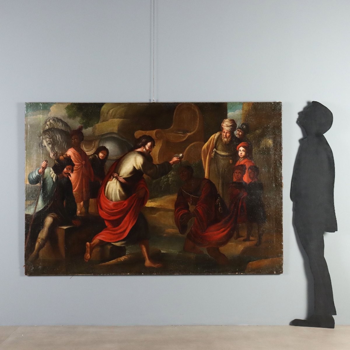 Tableau Ancien Le Baptême de l'Eunuque Huile sur Toile XVIIe Siècle-photo-2