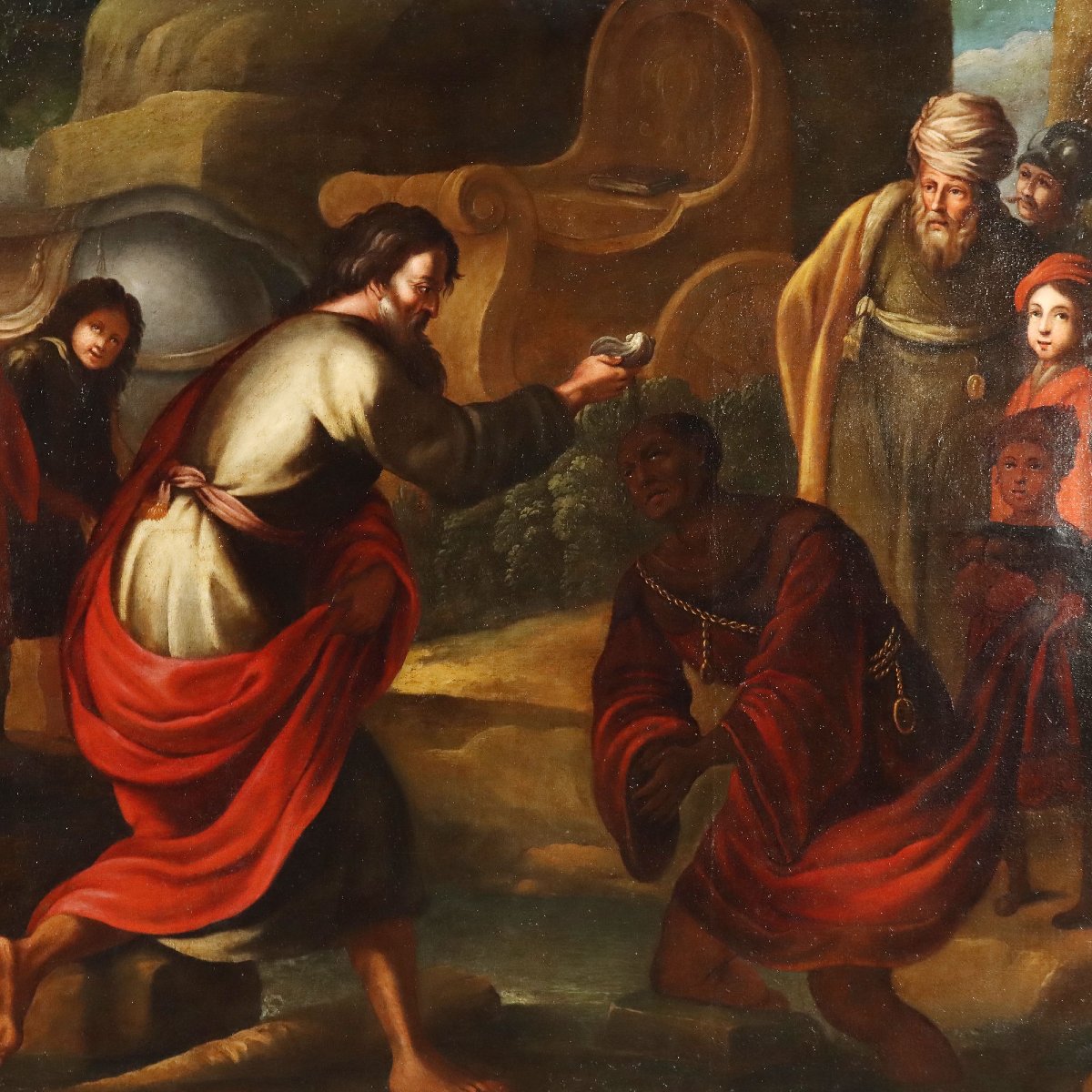 Tableau Ancien Le Baptême de l'Eunuque Huile sur Toile XVIIe Siècle-photo-3