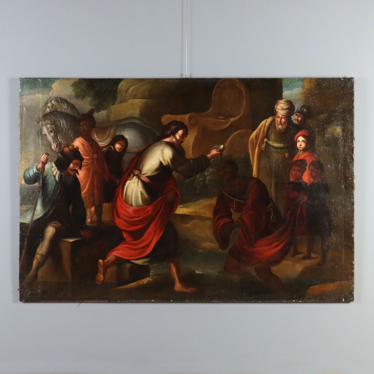 Tableau Ancien Le Baptême de l'Eunuque Huile sur Toile XVIIe Siècle
