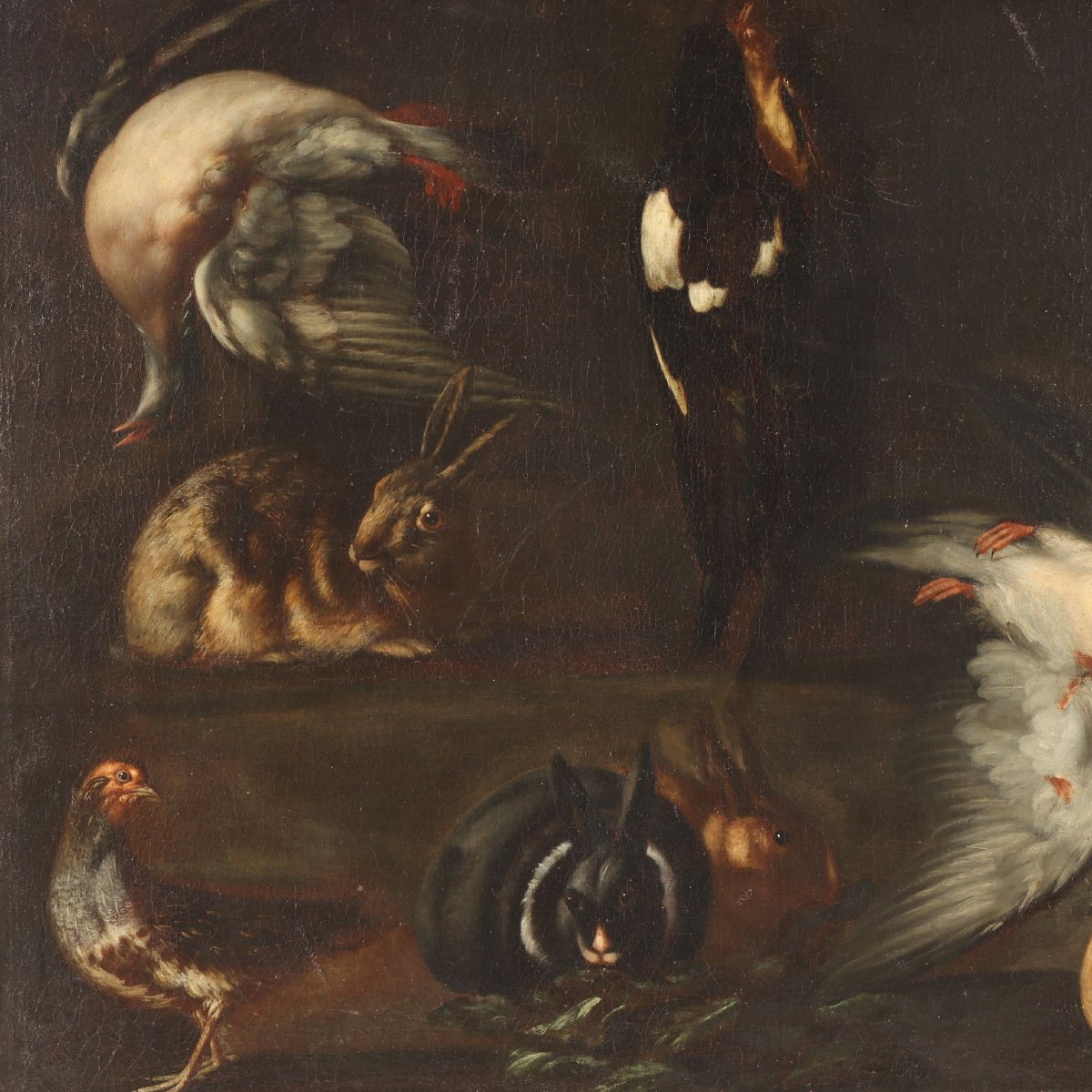 Antique Painting Rabbits And Birds With Game Oil On Canvas XVII Century-photo-2