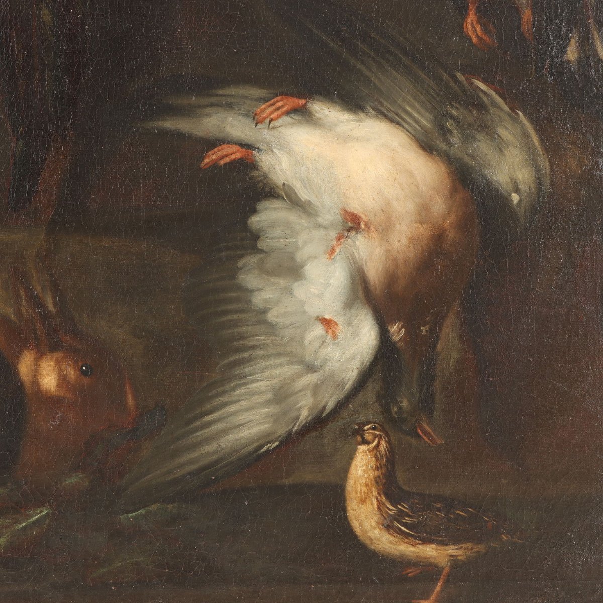 Antique Painting Rabbits And Birds With Game Oil On Canvas XVII Century-photo-4