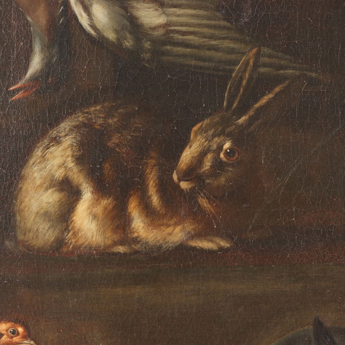 Antique Painting Rabbits And Birds With Game Oil On Canvas XVII Century-photo-1