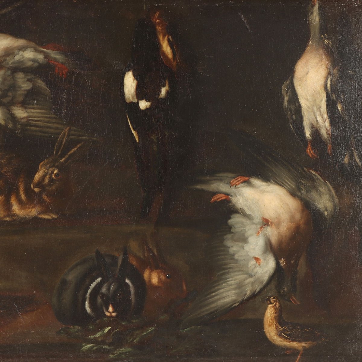 Antique Painting Rabbits And Birds With Game Oil On Canvas XVII Century-photo-2