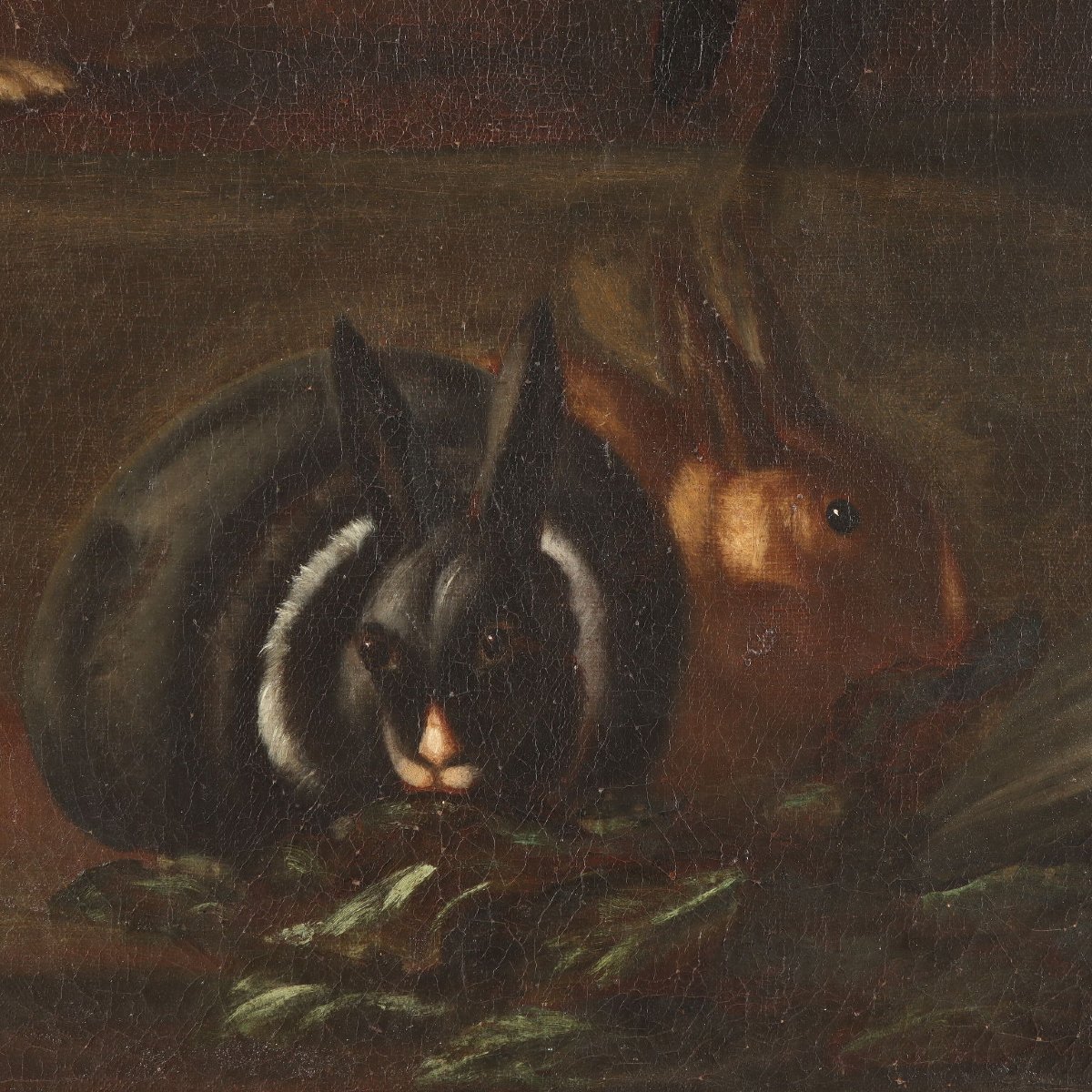 Antique Painting Rabbits And Birds With Game Oil On Canvas XVII Century-photo-5