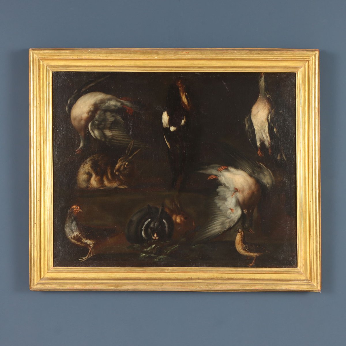 Antique Painting Rabbits And Birds With Game Oil On Canvas XVII Century