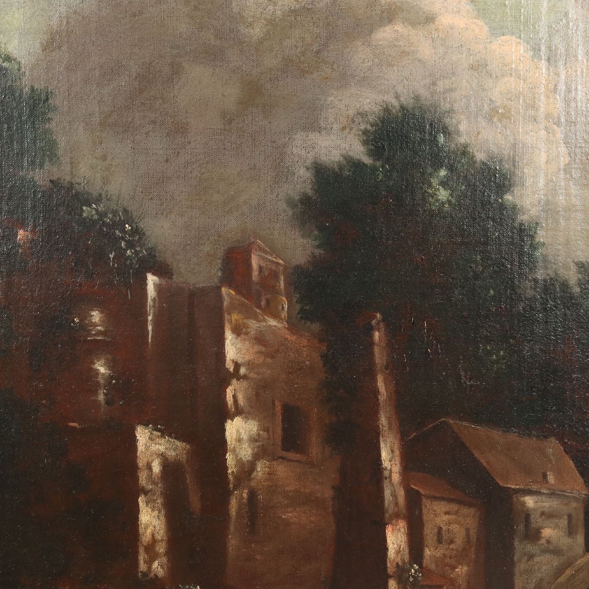 Tableau Ancien Paysage avec Figures Huile sur Toile XVIIIe Siècle Original-photo-4