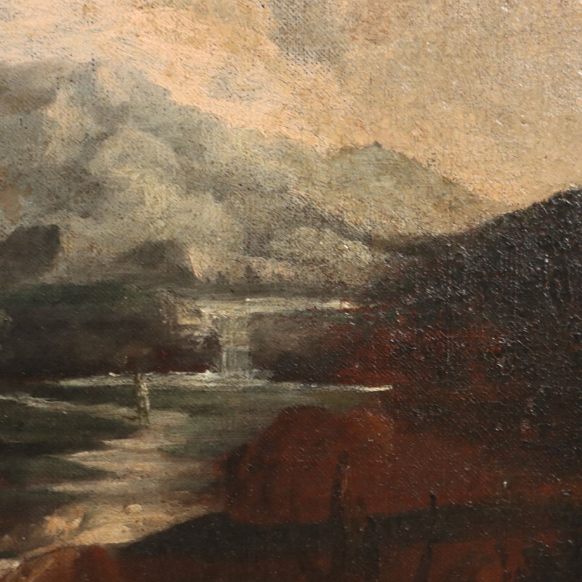 Tableau Ancien Paysage avec Figures Huile sur Toile XVIIIe Siècle Original-photo-3