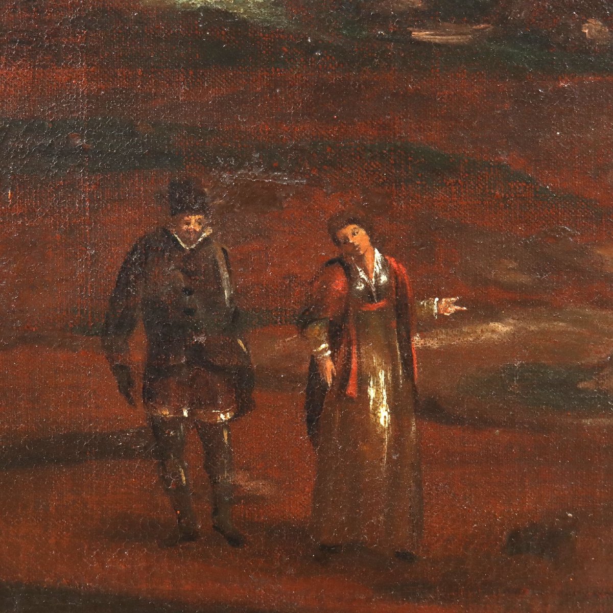 Tableau Ancien Paysage avec Figures Huile sur Toile XVIIIe Siècle Original-photo-4