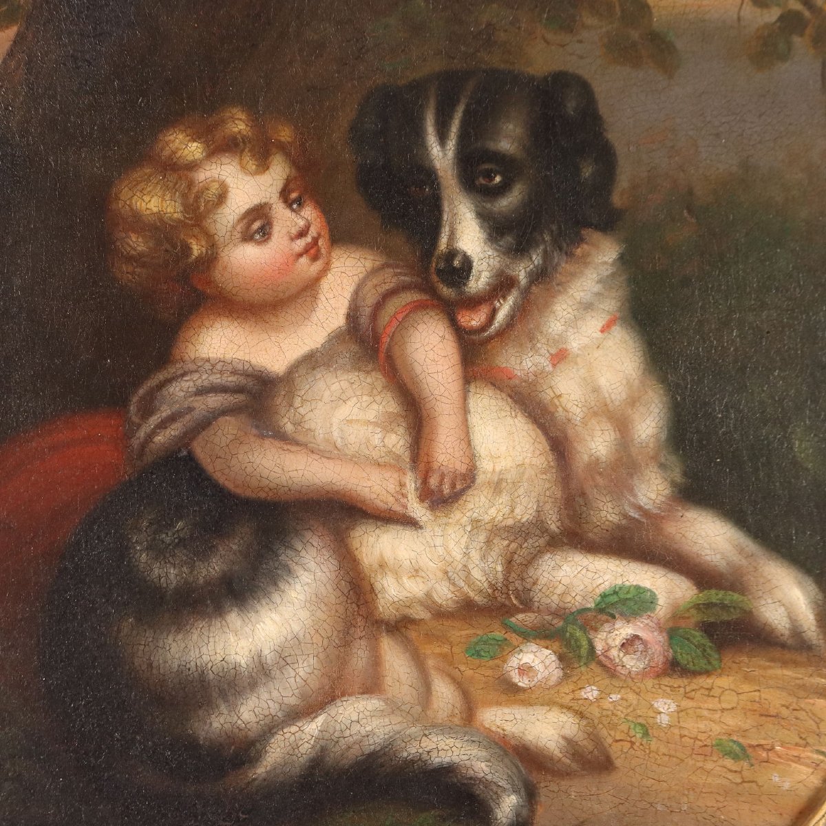 Antique Painting Little Girl With Dog Oil On Canvas XIX Century-photo-3