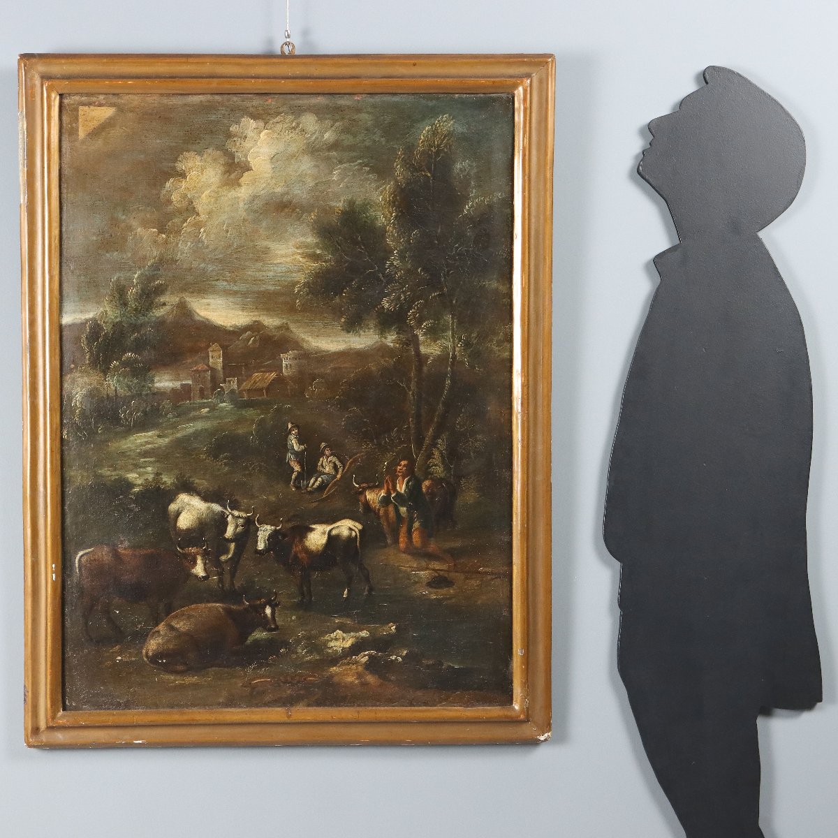 Landscape With Figures And Herd Antique Painting XVIII Century Original-photo-2