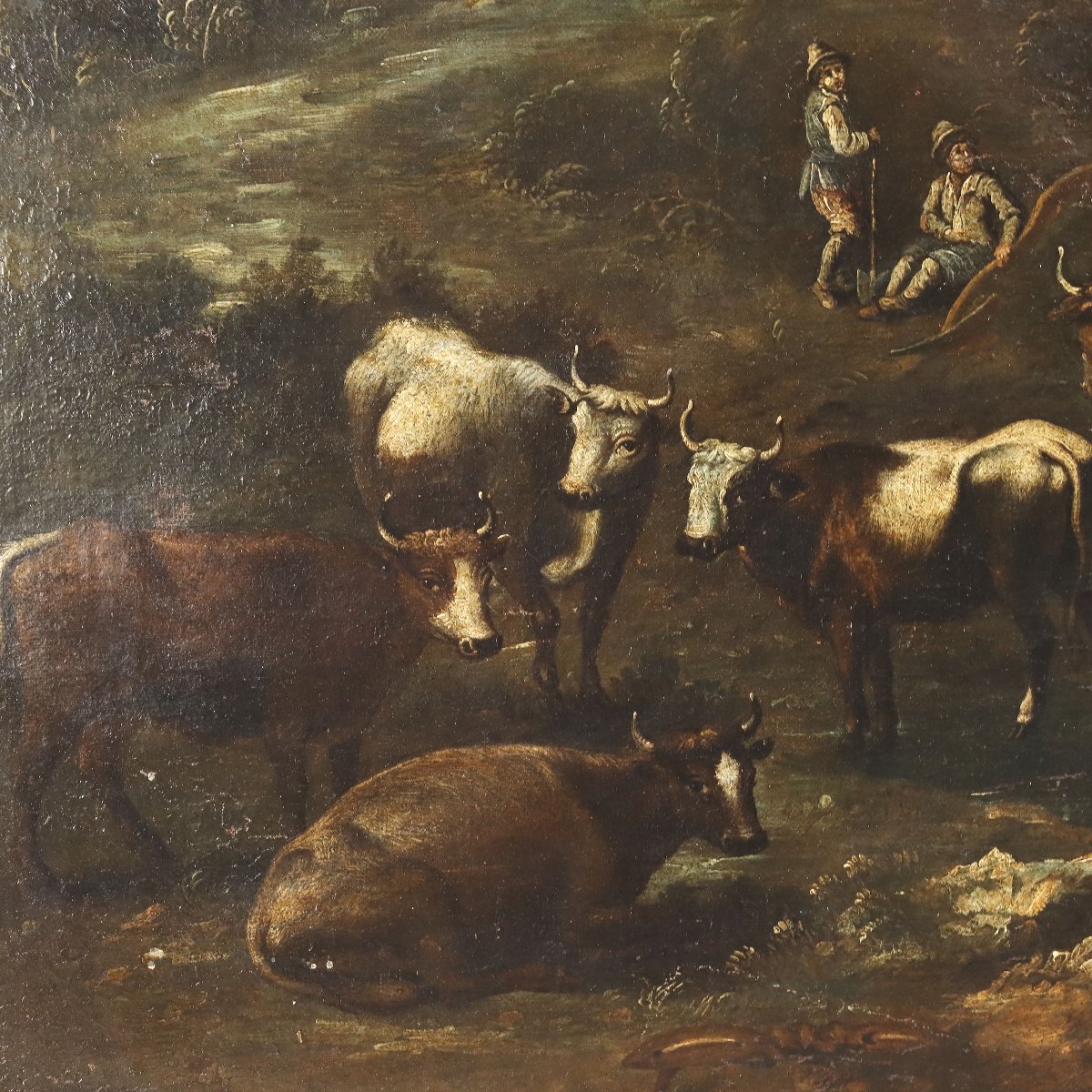Landscape With Figures And Herd Antique Painting XVIII Century Original-photo-2
