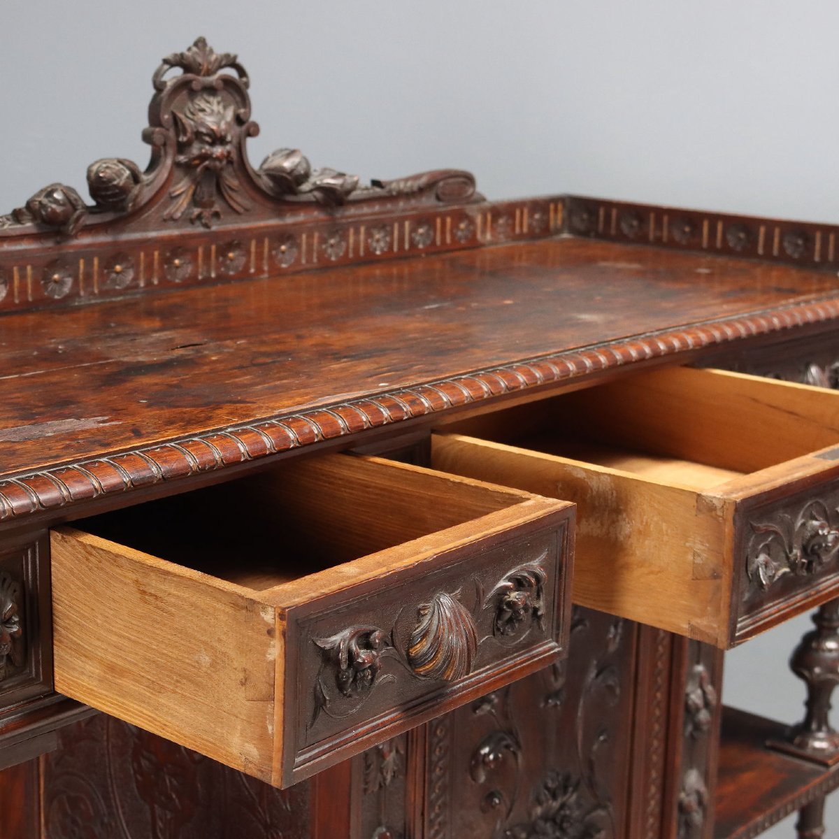 Buffets Anciens Style Néo-Baroque 3 Tiroirs Noyer Italie XIXe Siècle-photo-7