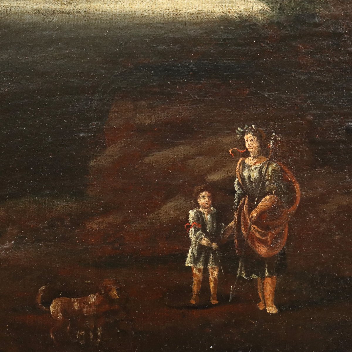 Tableau Ancien Paysage avec Batîment Huile sur Toile '700 Original-photo-3