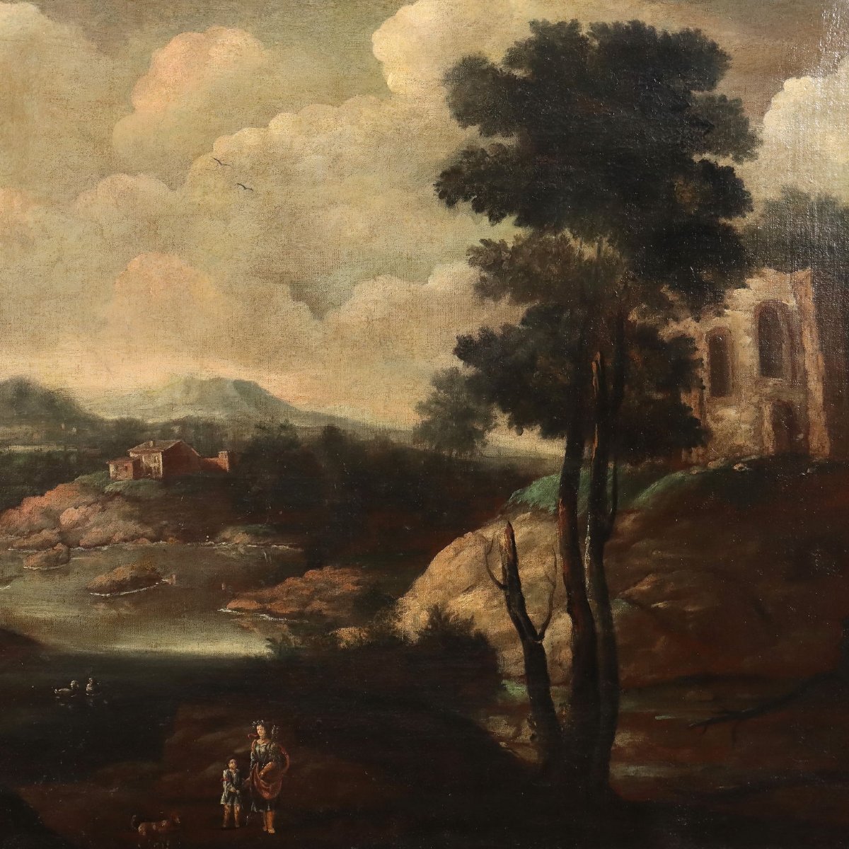 Tableau Ancien Paysage avec Batîment Huile sur Toile '700 Original-photo-2