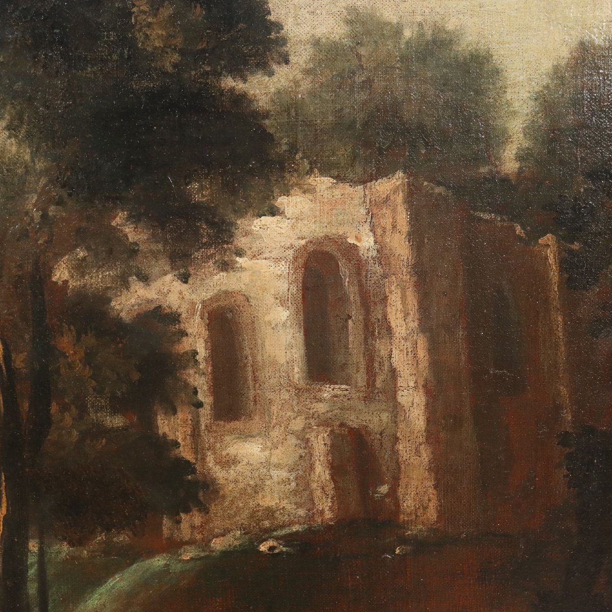Tableau Ancien Paysage avec Batîment Huile sur Toile '700 Original-photo-3