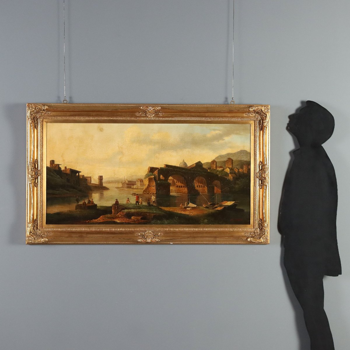 Tableau Moderne Vue du Pont à Rome Huile sur Toile XXe Siècle Original-photo-2