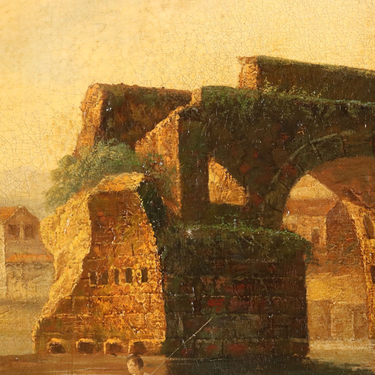 Tableau Moderne Vue du Pont à Rome Huile sur Toile XXe Siècle Original-photo-4