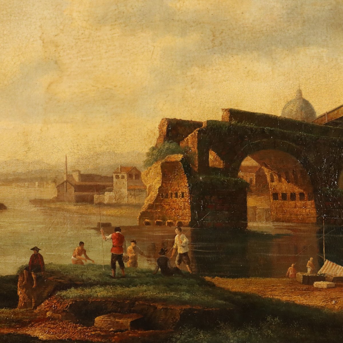 Tableau Moderne Vue du Pont à Rome Huile sur Toile XXe Siècle Original-photo-4