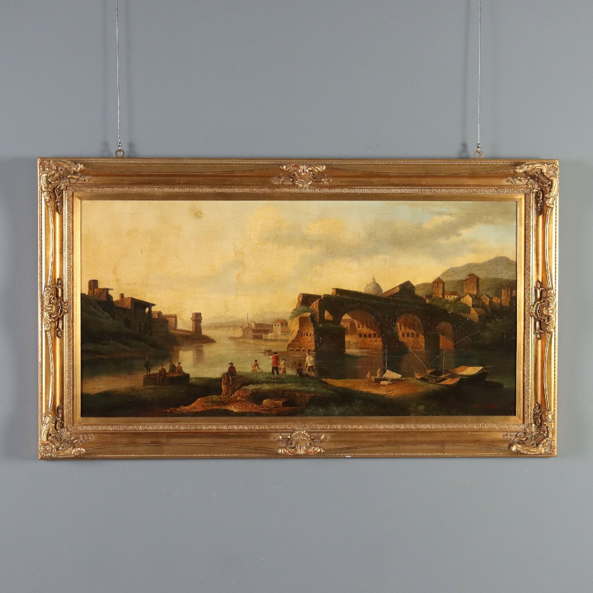 Tableau Moderne Vue du Pont à Rome Huile sur Toile XXe Siècle Original