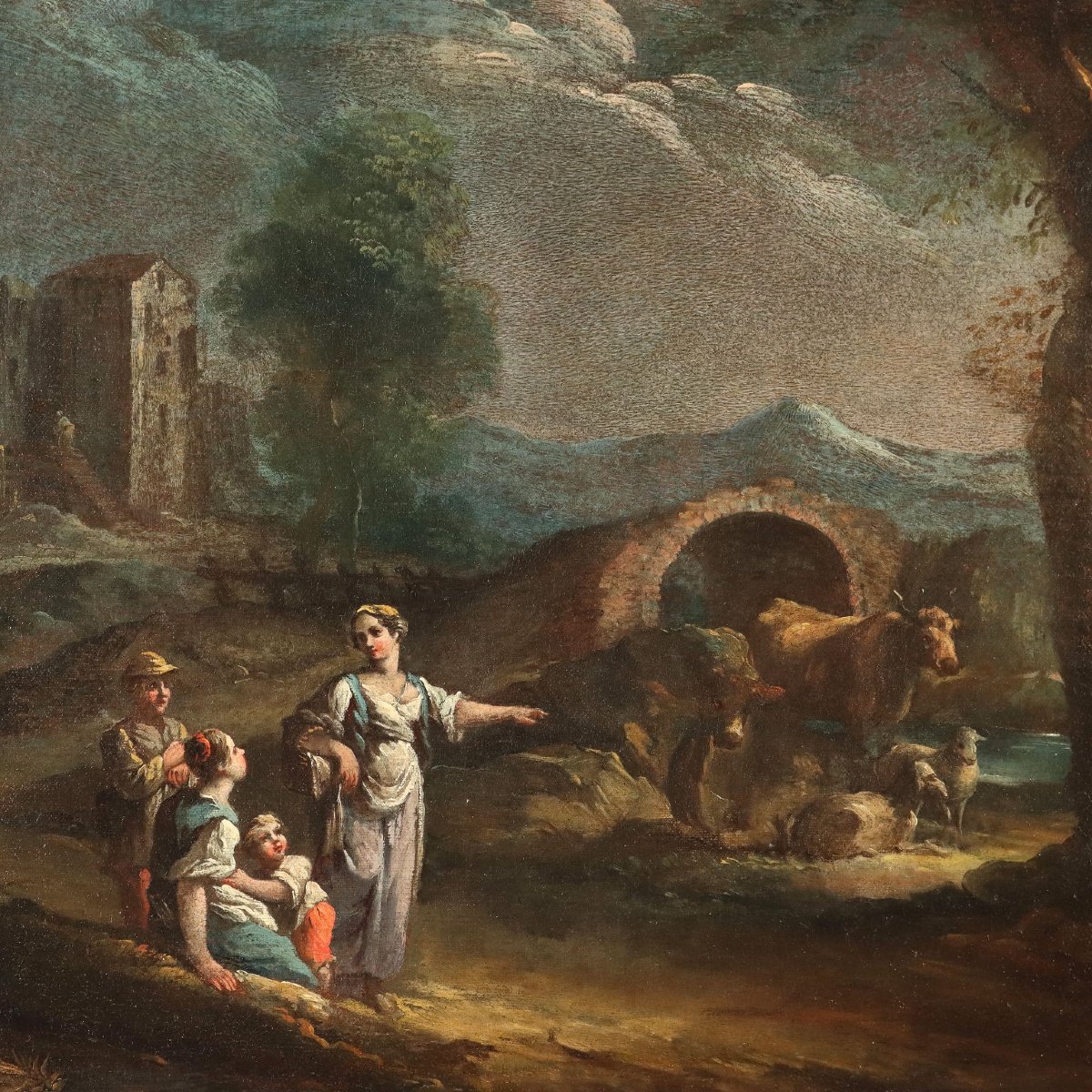 Antique Painting Landscape With Figures Oil On Canvas XVIII Century-photo-3