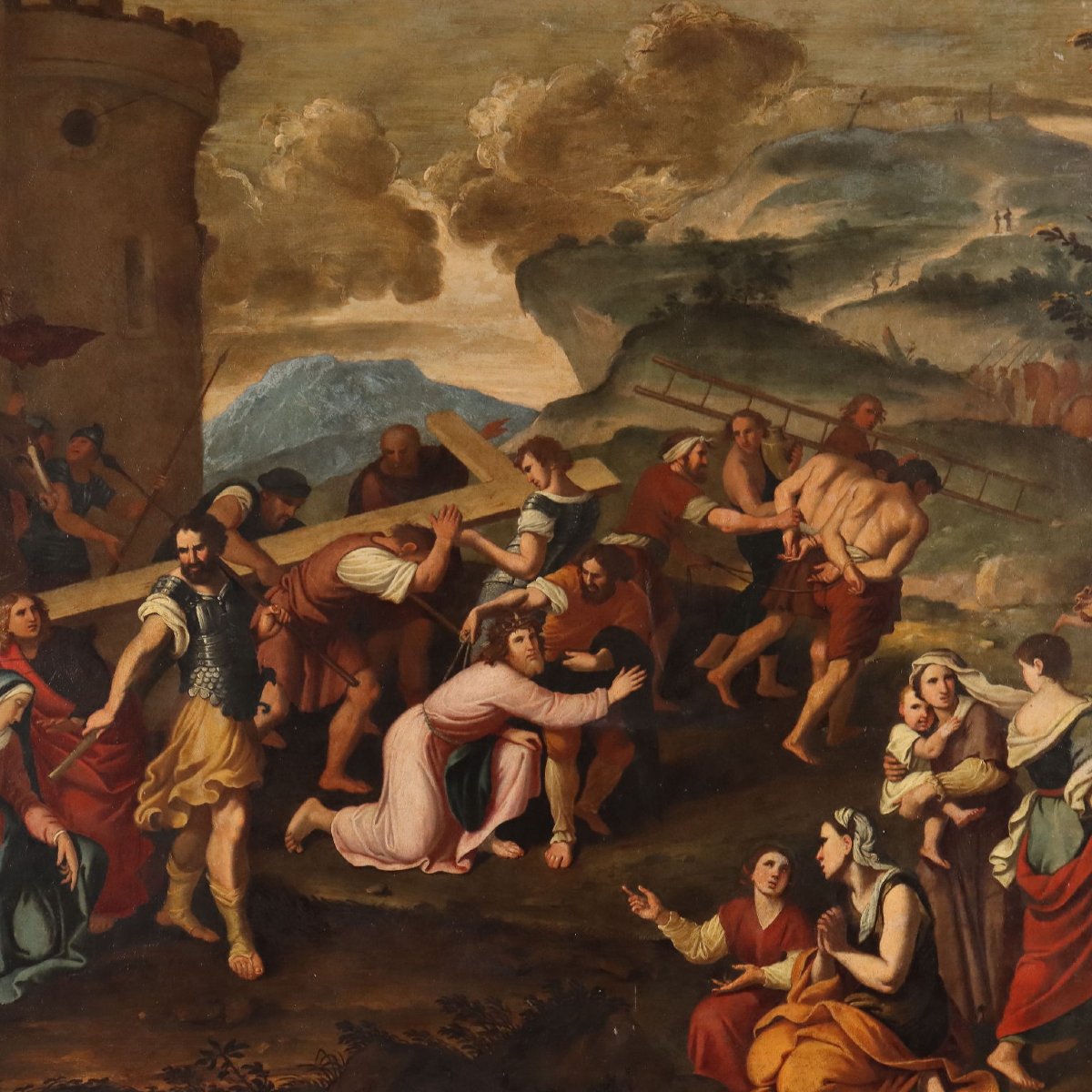 Tableau Ancien Copie par Pierre Mignard Jésus sur le Chemin du Calvair-photo-1