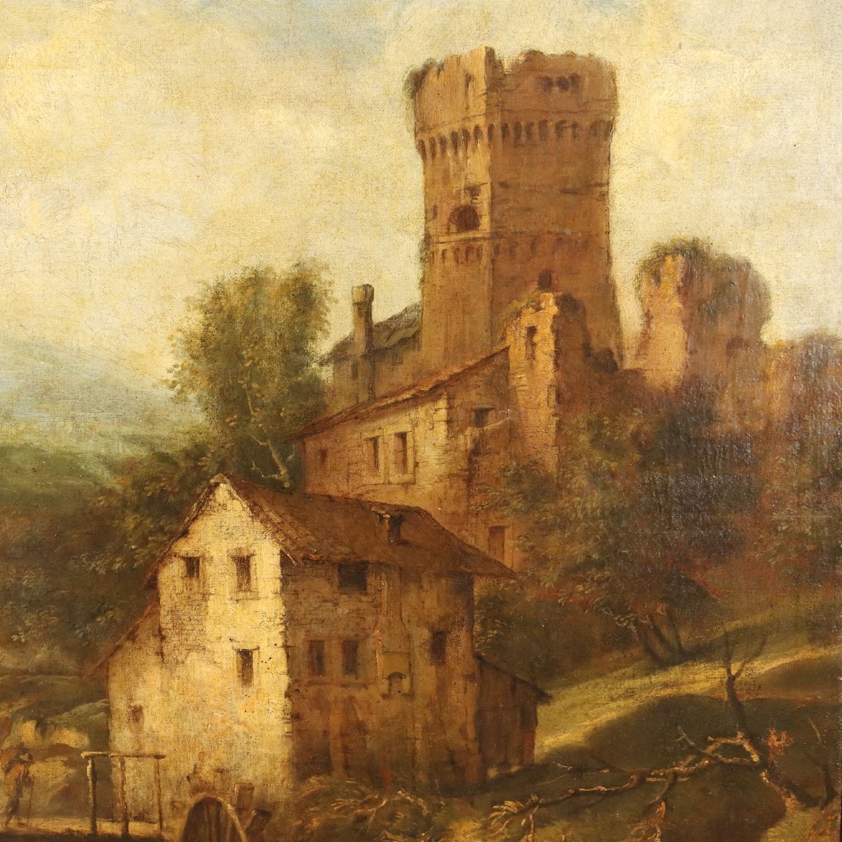Antique Painting Landscape With Stream Mill XVIII Century Original-photo-3