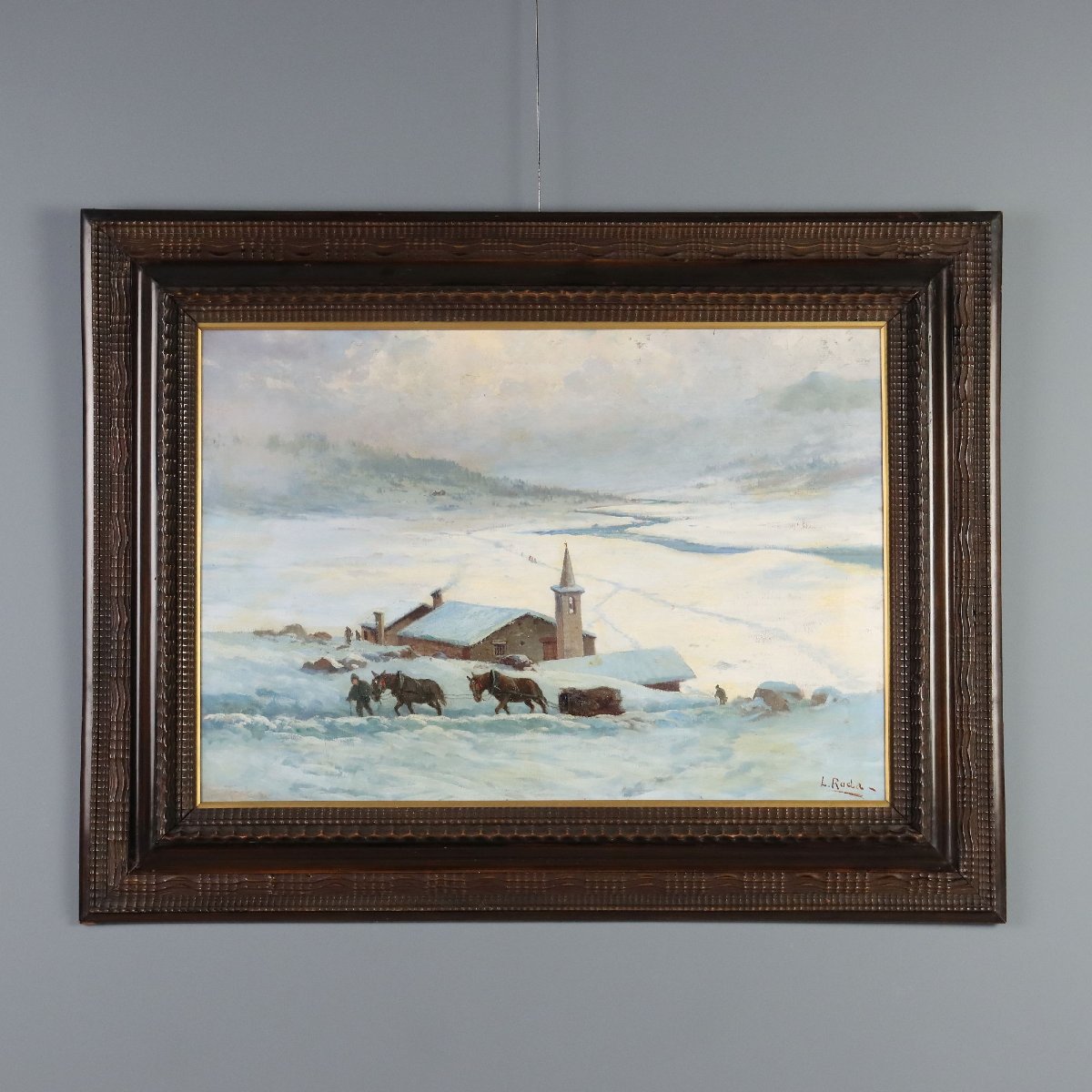 Tableau Ancien Signé Leonardo Roda Paysage Alpin Enneigé XIXe Siècle