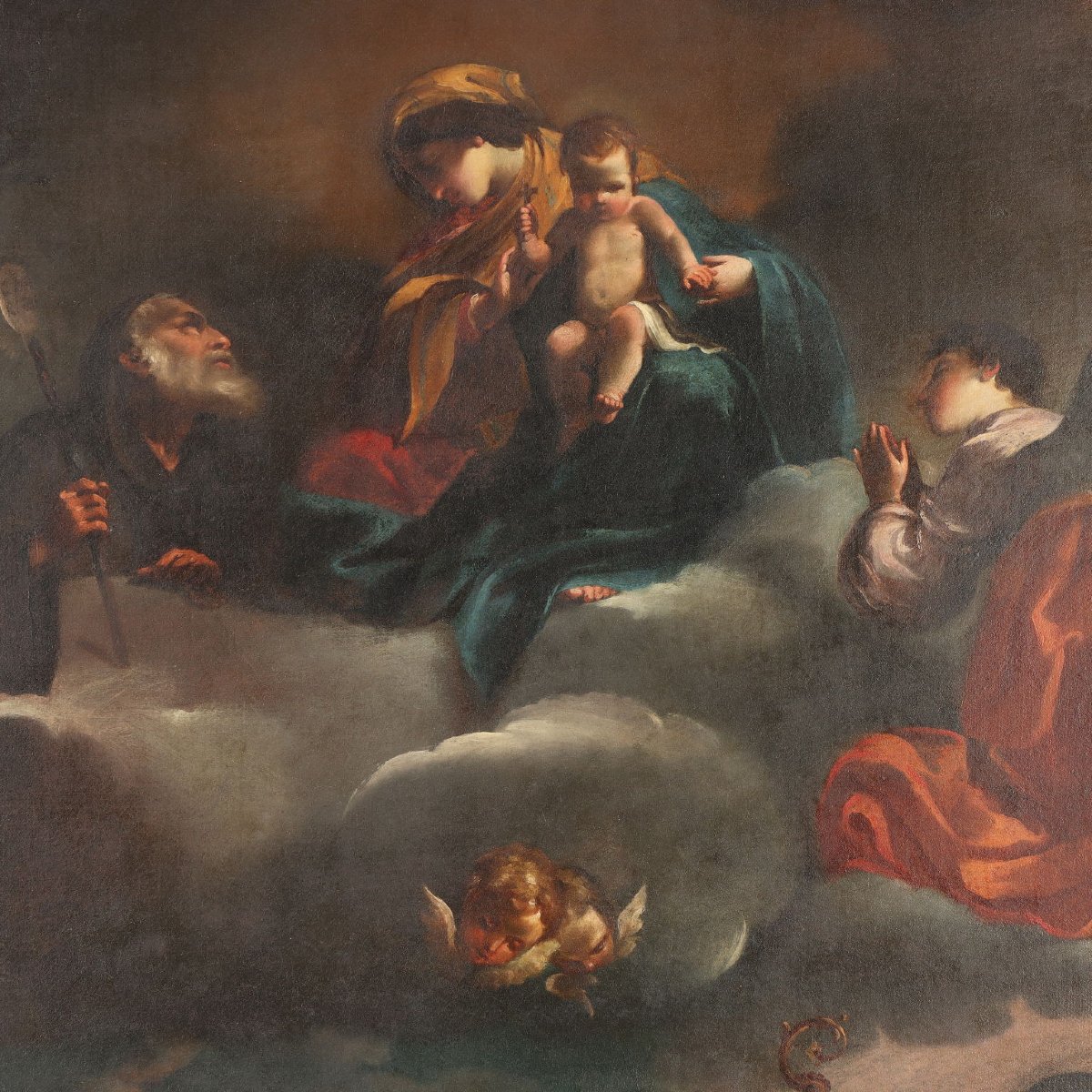 Antique Painting Virgin Mary With Saints Oil On Canvas '600 Original-photo-3