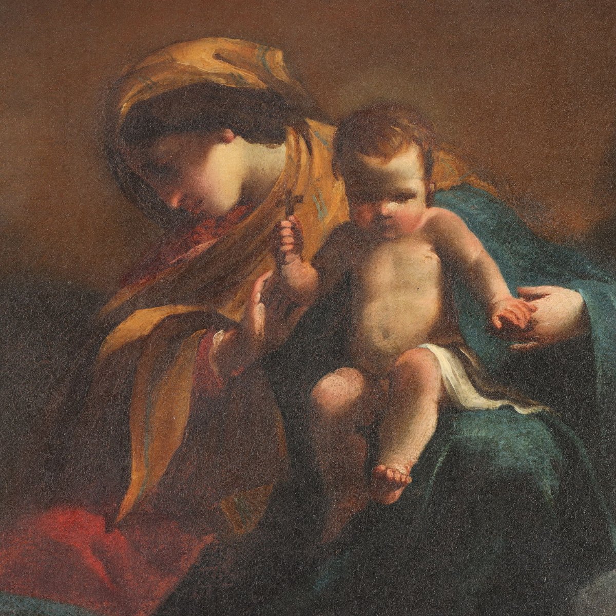 Antique Painting Virgin Mary With Saints Oil On Canvas '600 Original-photo-7