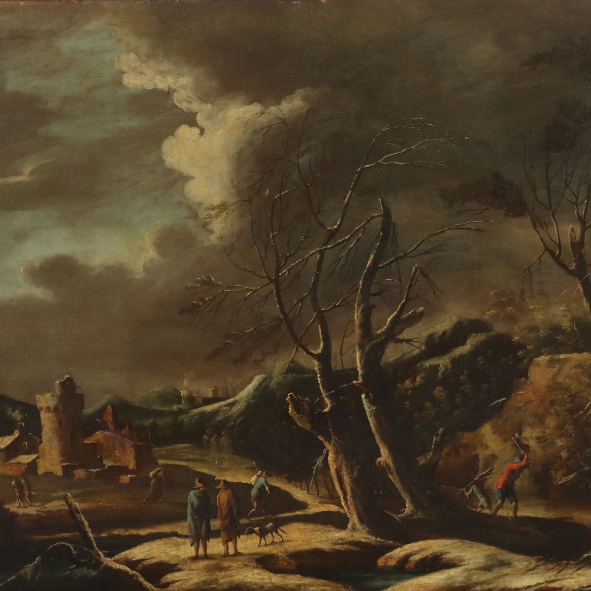 Tableau Ancien Sphère de Marco Ricci Paysage d'Hiver XVIIIe Siècle Original-photo-3