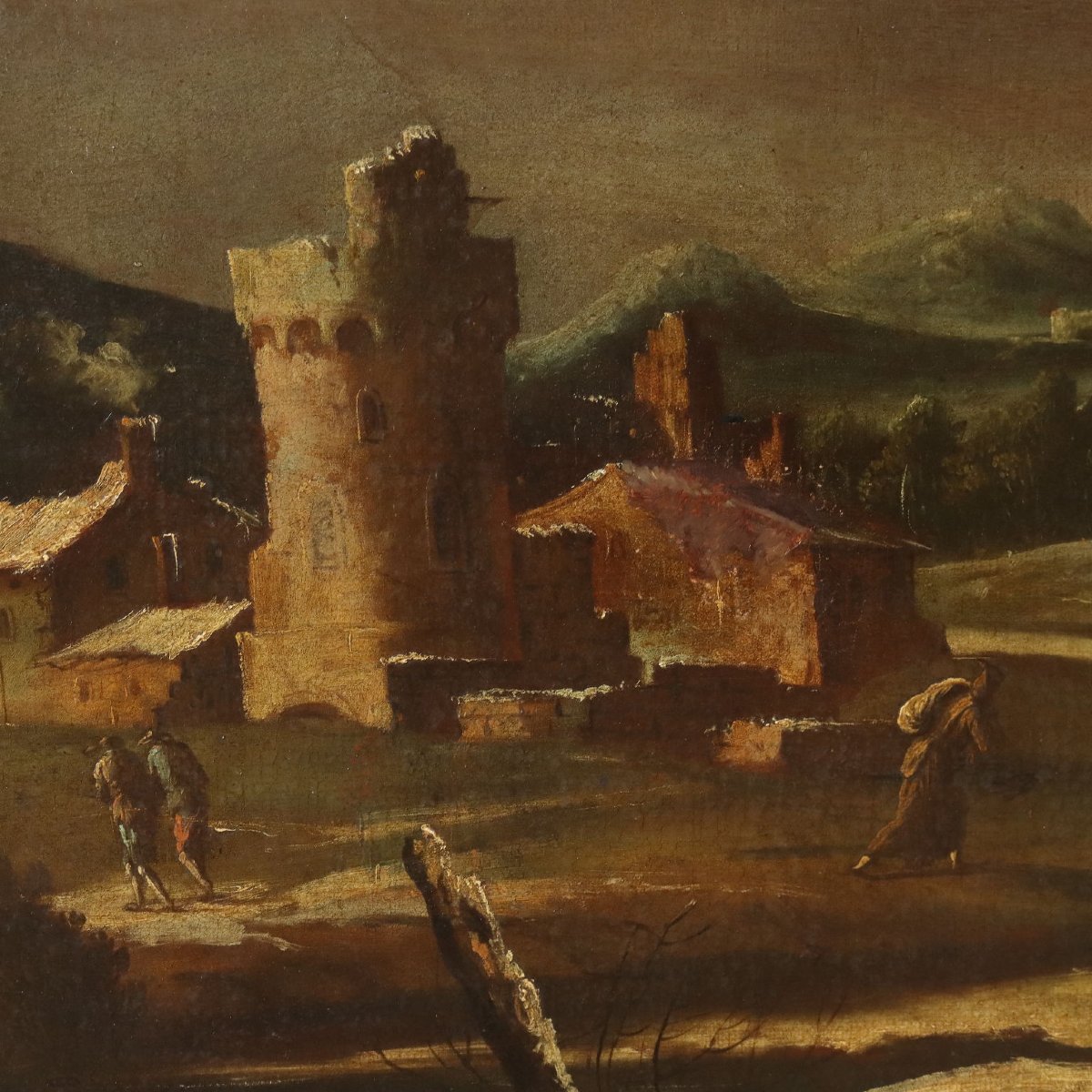 Tableau Ancien Sphère de Marco Ricci Paysage d'Hiver XVIIIe Siècle Original-photo-4