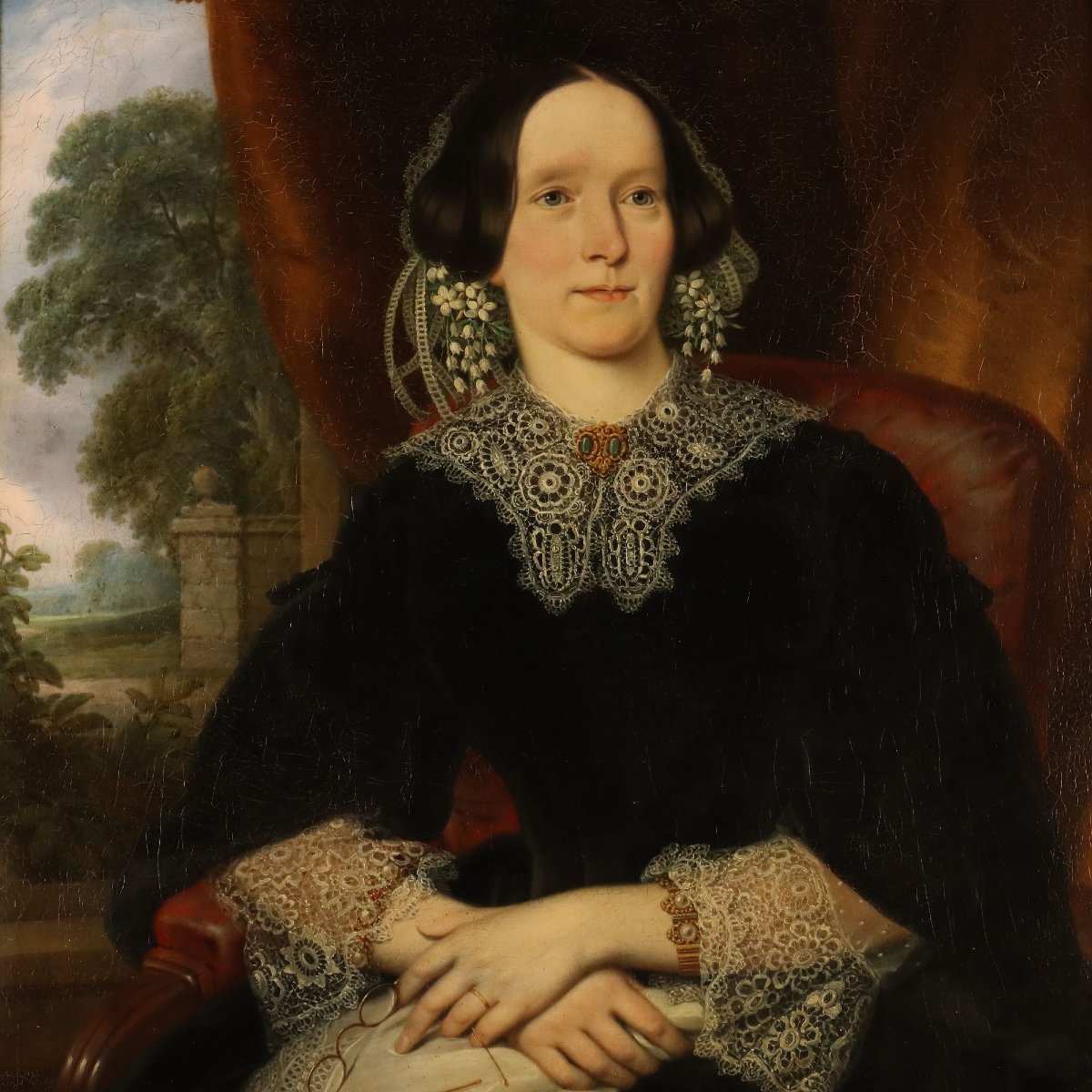 Tableau Ancien Portrait d'une Femme Huile sur Toile du XIXe Siècle Original-photo-3
