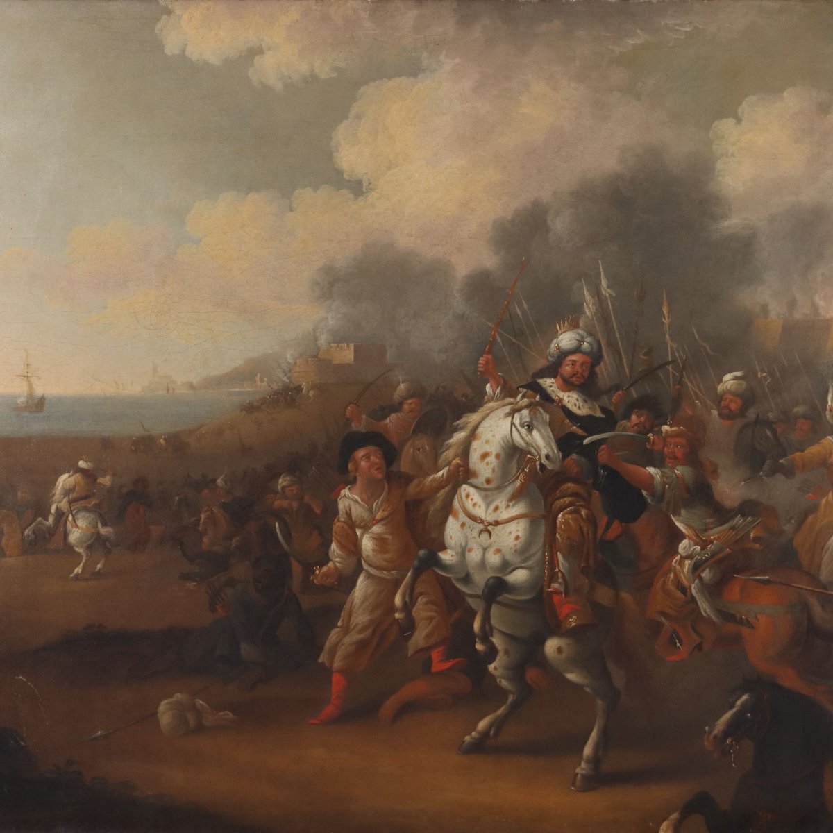 Tableau Ancien Scène de Bataille Huile sur Toile XVIIIe Siècle-photo-4