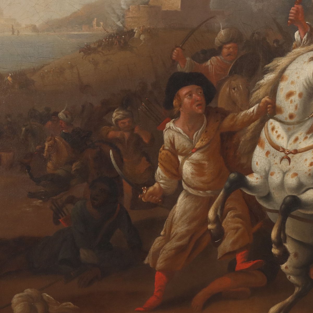 Tableau Ancien Scène de Bataille Huile sur Toile XVIIIe Siècle-photo-4