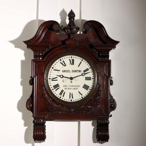 Grande Horloge Industrielle Ancienne Acajou Gravé Argentine '800