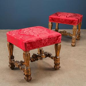 Couple Of Baroque Stools Wood Italy XVII Century