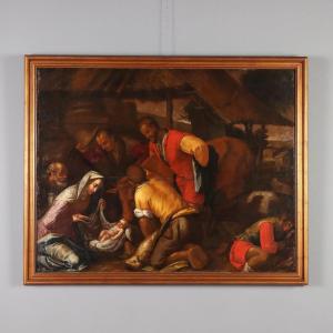 Antique Painting Disciple Of Jacopo Da Bassano The Shepherds XVII Century