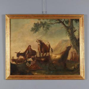 Tableau Ancien Paysage avec Bergers Huile sur Toile XVIIIe Siècle