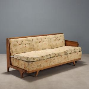 Antique Sofa Bed Art Deco Walnut With Magazine Holder XX Century