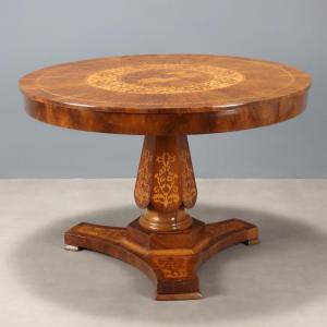 Antique Table Charles X Walnut Maple Inlays Italy XIX Century
